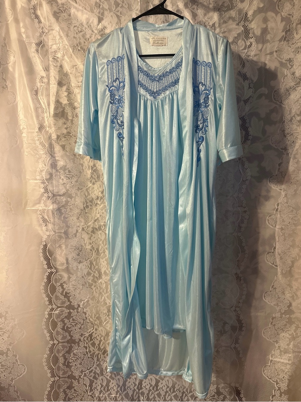 Lati Fashion Intimates Vintage Light Blue Embroidered Robe and Nightgown Set